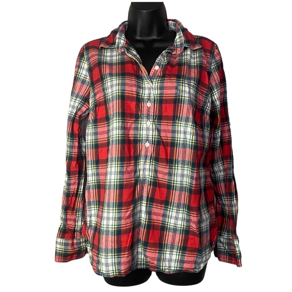 J CREW Red plaid button down long sleeve lounge wear blouse